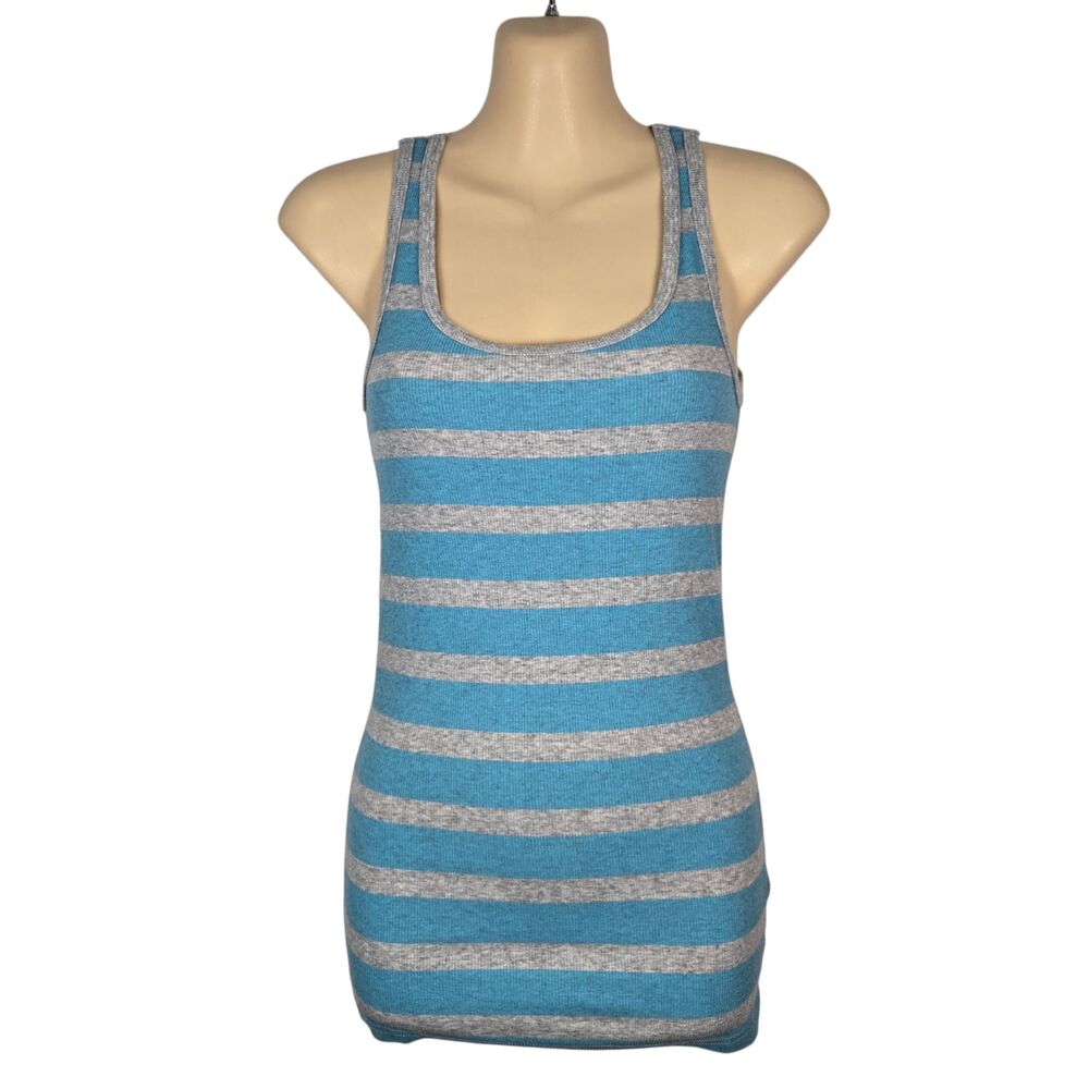 Faded Glory Must-Have Tank Top Blue Gray Striped Ribbed Knit Size M 8-10